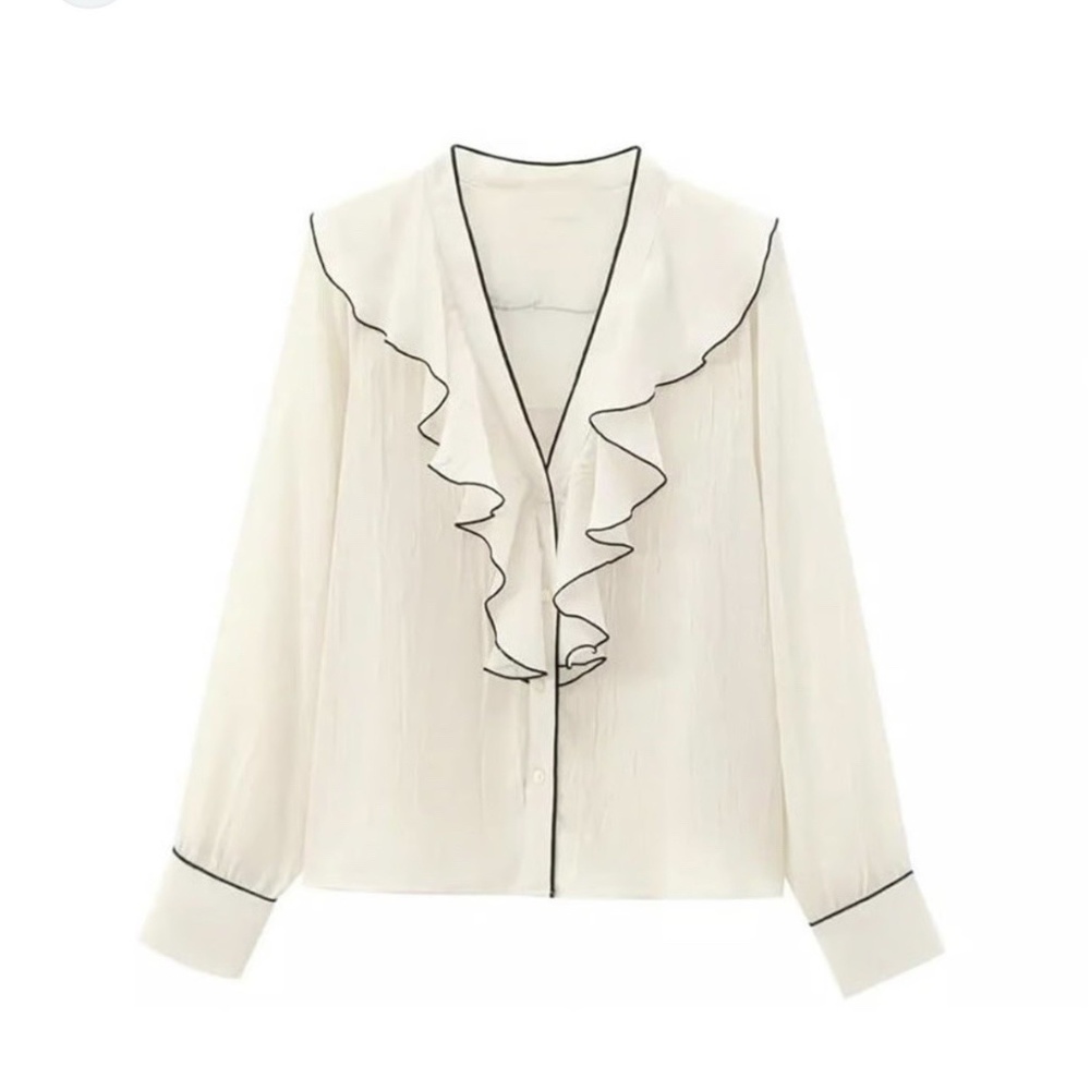 Elie Tahari Size L Ruffle Blouse Ivory Black Piping Button Front Long Sleeve NWT